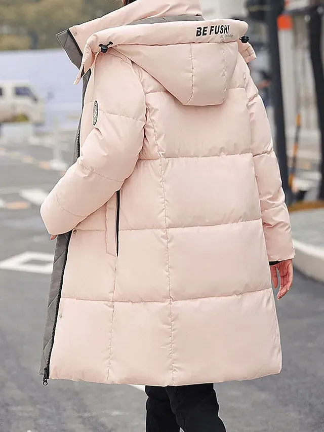Women's Puffer Jacket Winter Long Parka Windproof Warm with Pocket Full Zip Hoodie Heated Jacket Modern Outdoor Street Khaki Regular Fit Outerwear Long Sleeve
