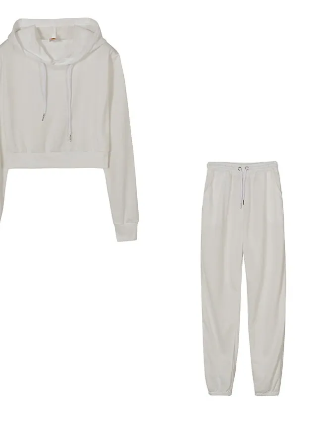 Women's Crop Top Hoodie Tracksuit Pants Sets Solid Color Black White Brown Patchwork Drawstring Long Sleeve Causal Sportswear Hooded Regular Fit Fall & Winter