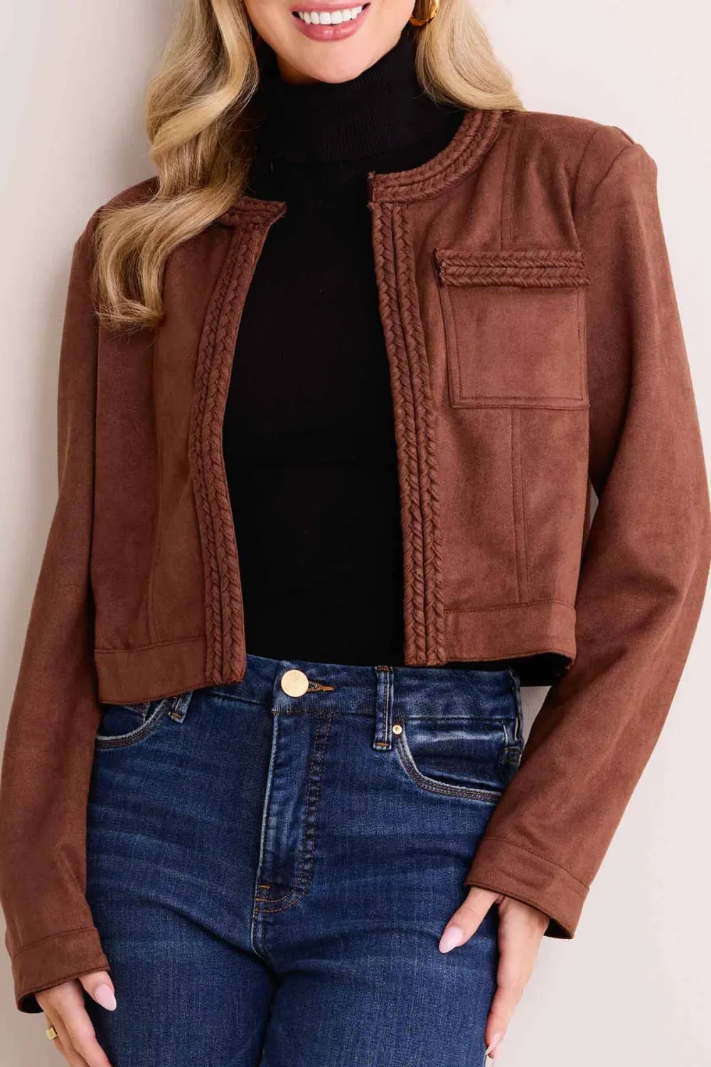 Brown Braided Detail Cropped Jacket