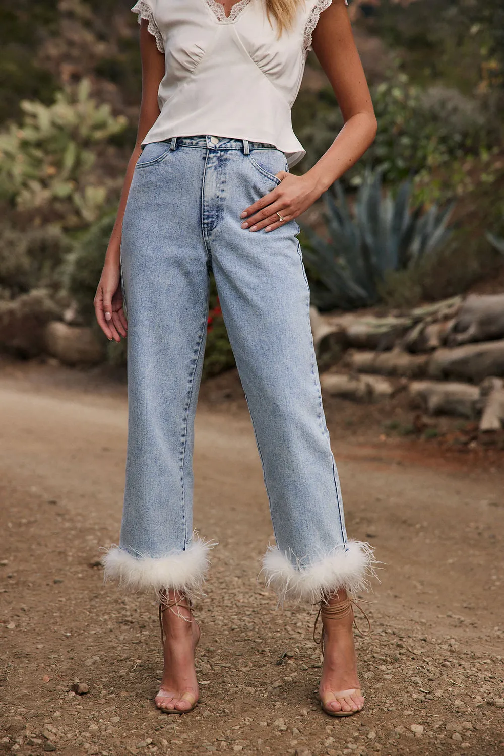Faux Feather Trim Jeans