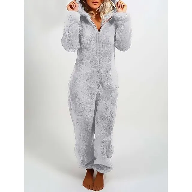 Women's Adult Onesies Onesie Pajamas Pure Color Plush Casual Comfort Home Daily Bed Polar Fleece Warm Hoodie Long Sleeve Fall Winter Light Pink claret