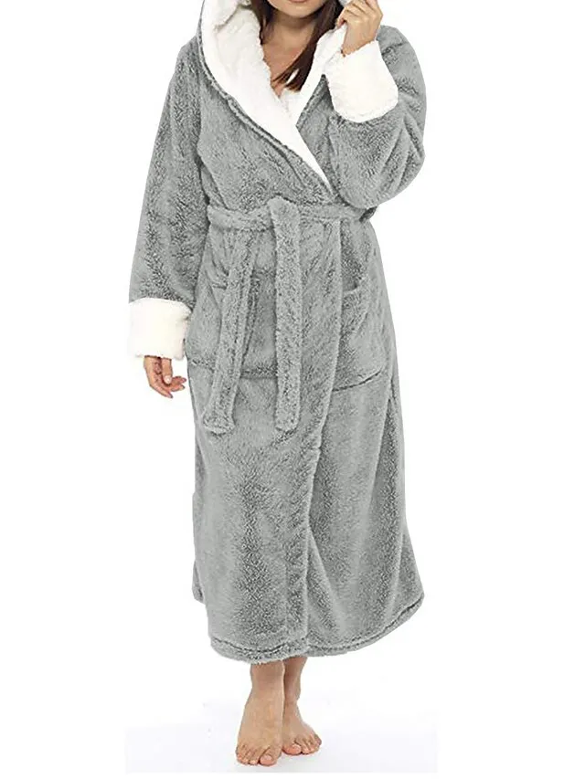 Women's Pajamas Bathrobe Robes Gown Pure Color Warm Plush Comfort Home Daily Bed Polyester Breathable Hoodie Long Sleeve Pocket Fall Winter Red Lavender