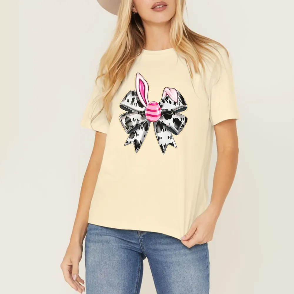 A Bow Pattern With Rabbit Ears, The Bow Is Black And White Stripes, And The Pink And White Striped Easter Egg Is Fashionable And Cute, Casual T-Shirt