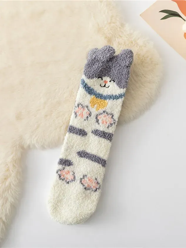 Cat Dog Pika Pet Cute Shape Thickened Warm Coral Fleece Floor Socks