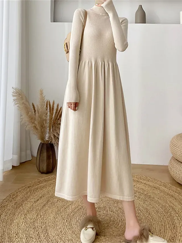 Women's Sweater Dress Knit Dress Jumper Dress Midi Dress Knitwear Elegant Fashion Plain Outdoor Daily Going out Turtleneck Long Sleeve 2023 Loose Fit Black Apricot One Size