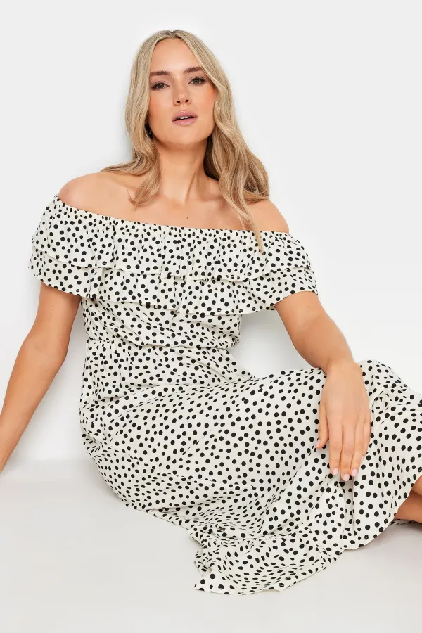 LTS Tall White Polka Dot Bardot Frill Midaxi Dress