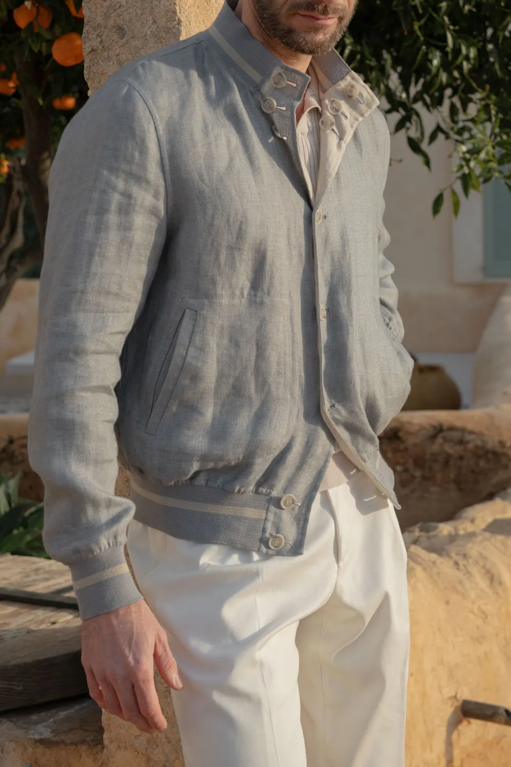 Sky Grey And Beige Reversible Bomber Jacket