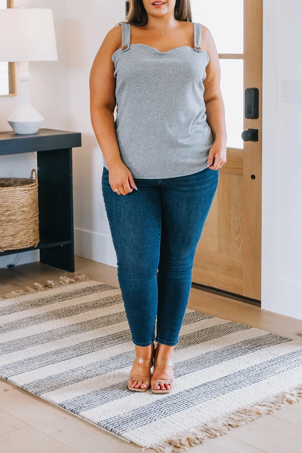 Grey Basic Button Strap Slim-Fit Tank Tops