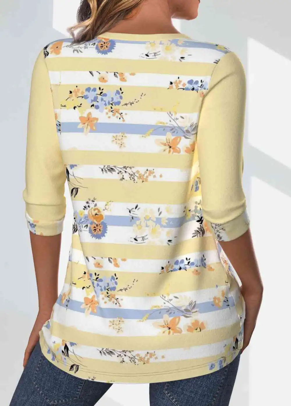 Light Yellow Patchwork Striped 3/4 Sleeve T Shirt