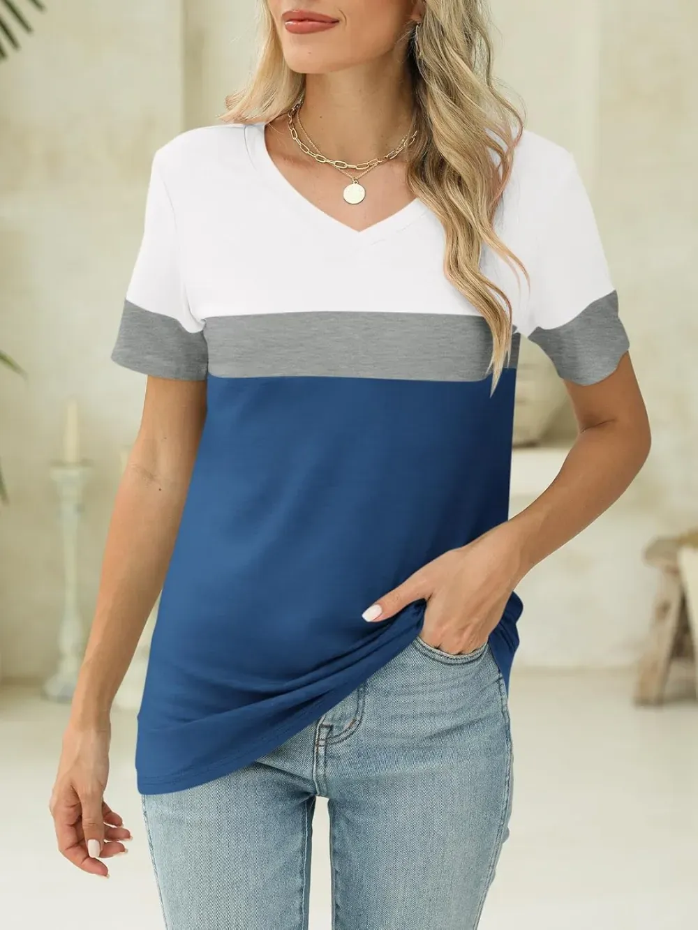 ORANDESIGNE Women's Color Block Short Sleeve T Shirts Casual V Neck Summer Tops Tees Loose Fit Blouses