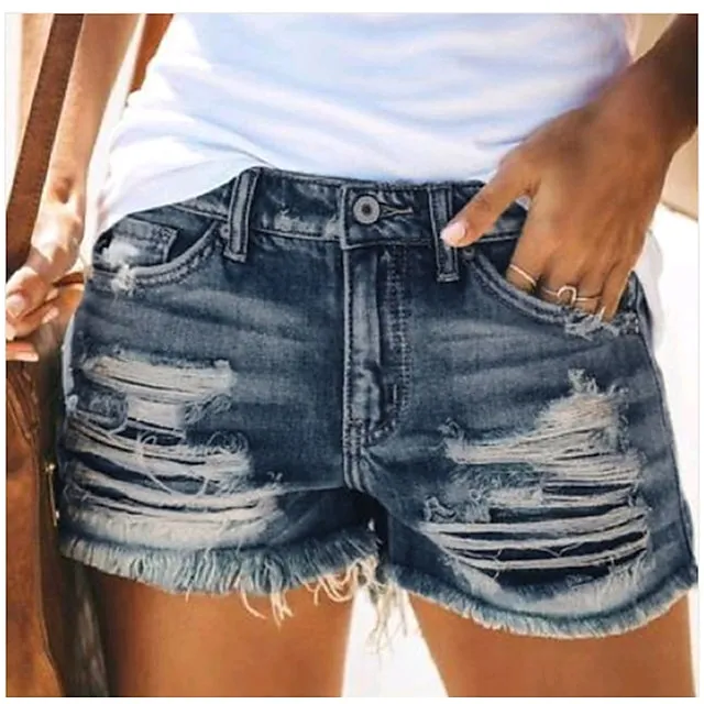 Women's Jeans Shorts Denim Blue Light Blue Mid Waist Fashion Casual Weekend Tassel Fringe Side Pockets Micro-elastic Short Comfort Plain S M L XL XXL / Cut Out
