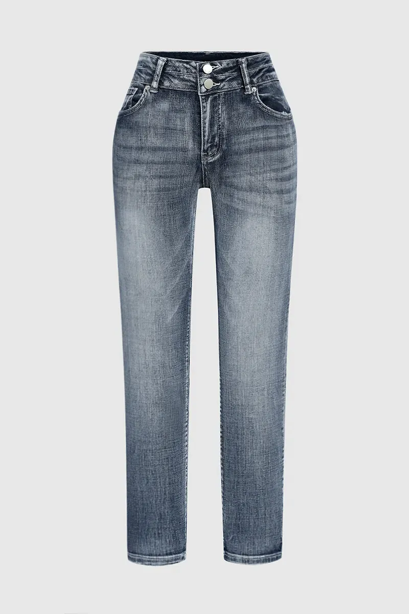 Mid Waist Double Button Skinny Jeans