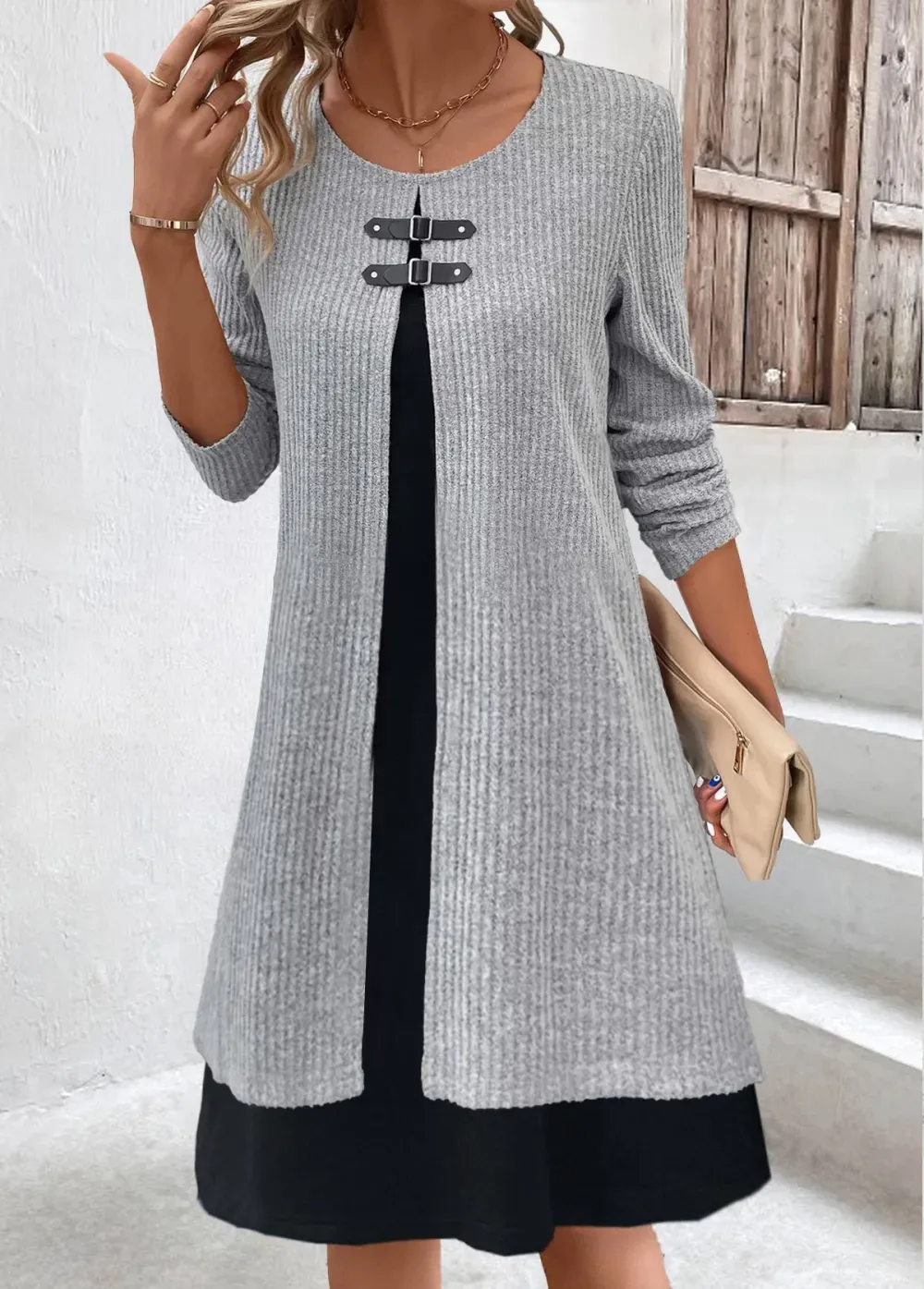 Light Grey Marl Fake 2in1 A Line Dress