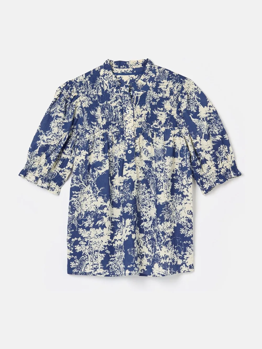 Blue Frill Neck Smocked Blouse