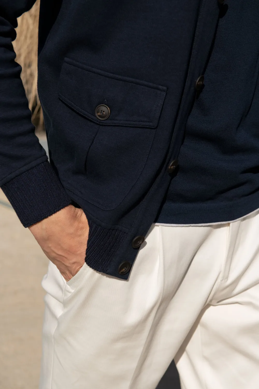 Blue Cotton Knitted Bomber