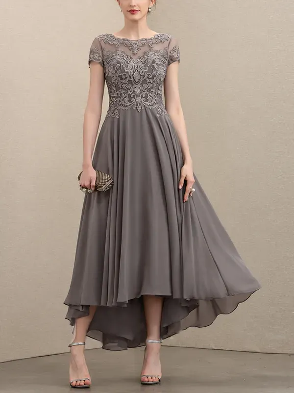 Round Neck Lace Short Sleeve Midi Dress