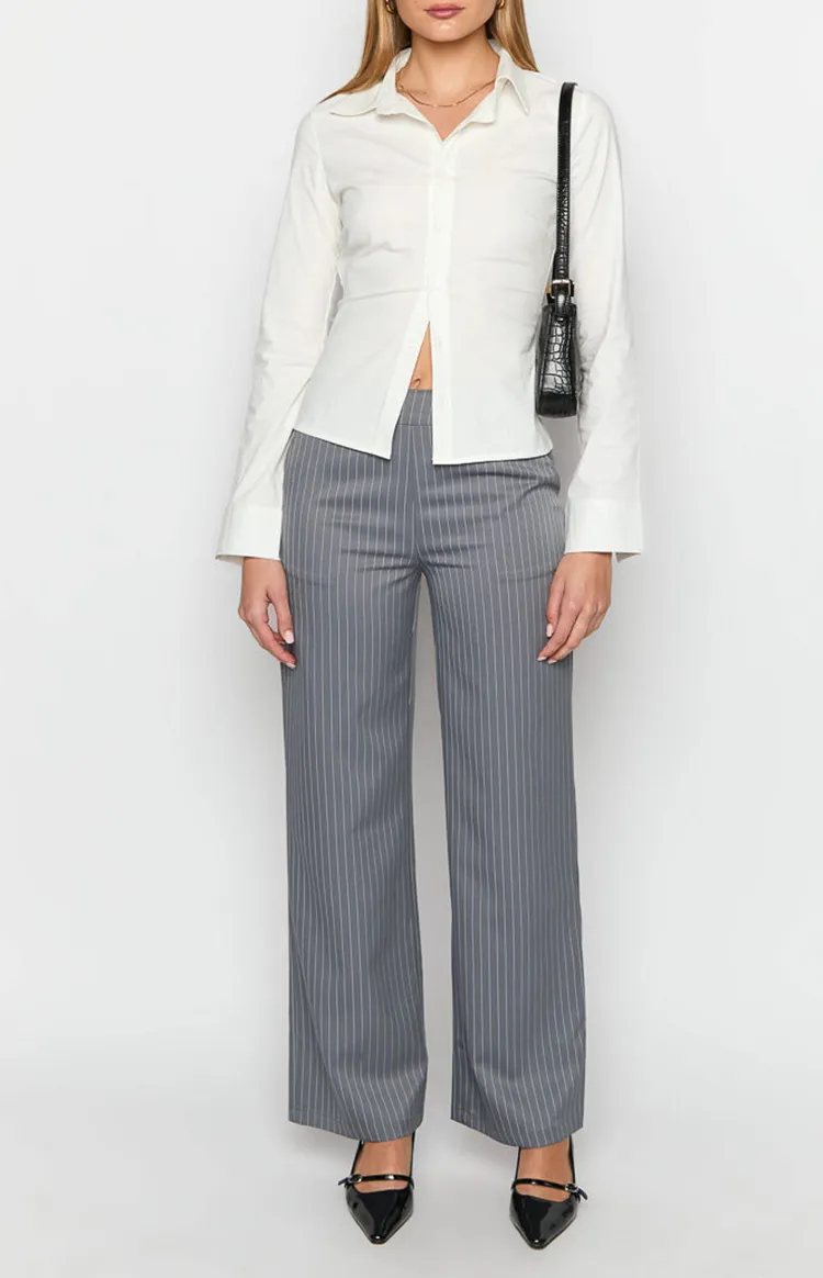 Gray Pinstripe Wide Leg Pants