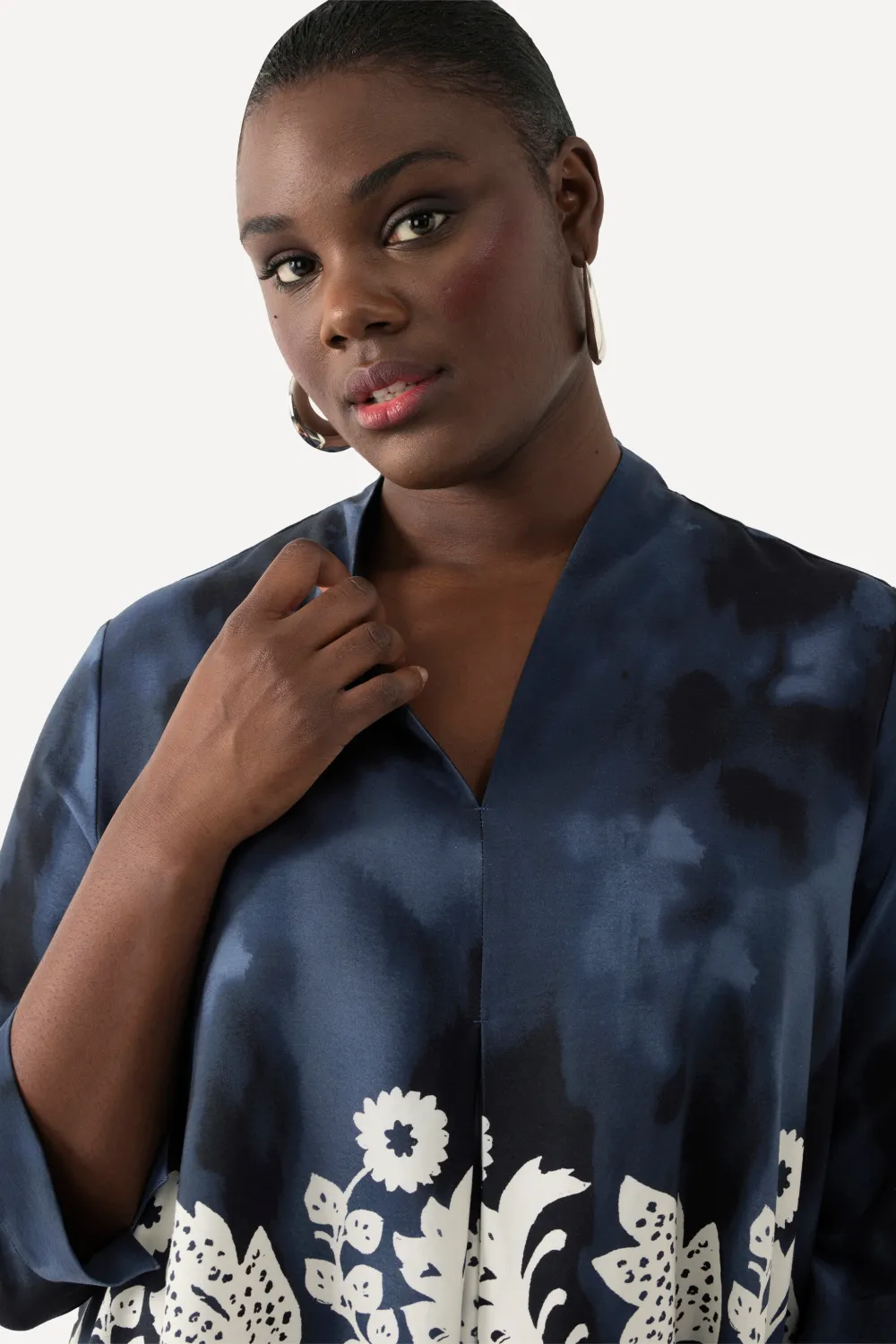 Lyocell-Tunika, A-Linie, Kelchkragen, V-Ausschnitt, 3/4-Arm