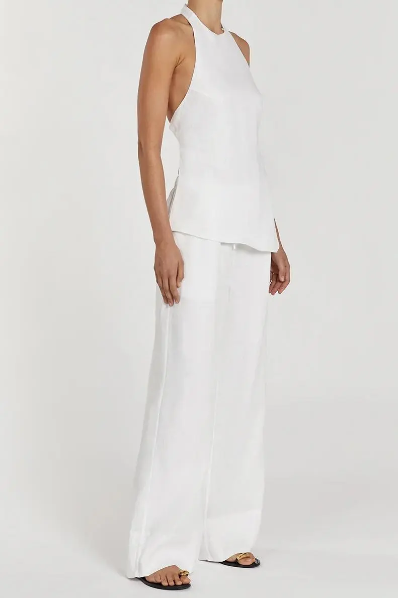 WHITE LINEN ELASTIC WAIST PANT