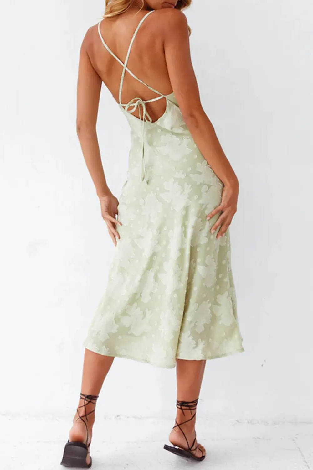 Floral Cowl Neck High Slit Slip Midi Dress - Sage Green