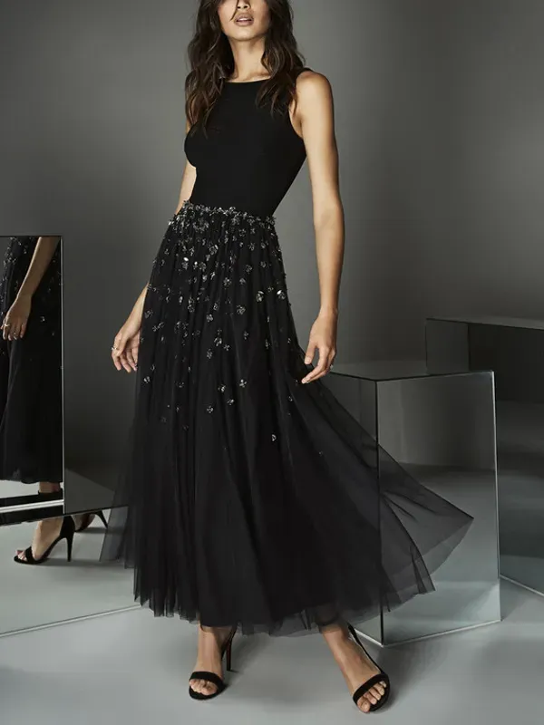 Round Neck Sleeveless Solid Color Printed Maxi Dress