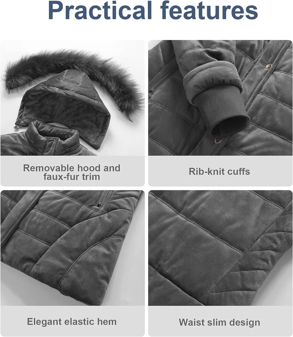 Women's Warm Winter Coat Velvet Puffer Jacket Quilted Faux Fur Hood