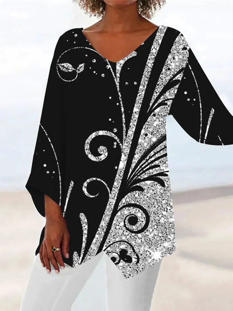 Women Asymmetrical 3/4 Sleeve V-neck Printed Graphic Top Dress