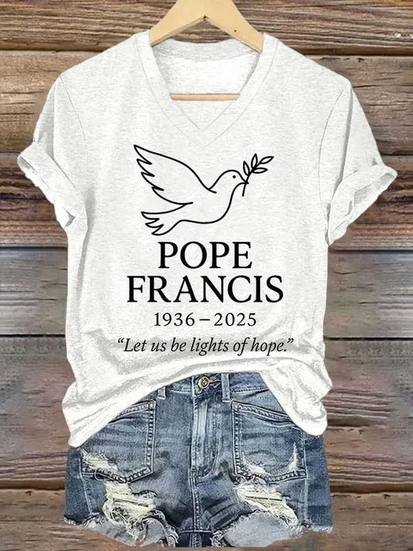 Women's 1936-2025 Let Us Be Lights Of Hope Print Short Sleeve V-Neck Cotton T-Shirt