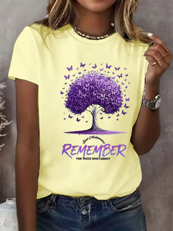 Women'S Alzheimer'S Awareness End Alzheimer Remember For Those Who Cannt Butterfly Printed Short Sleeve T-Shirt