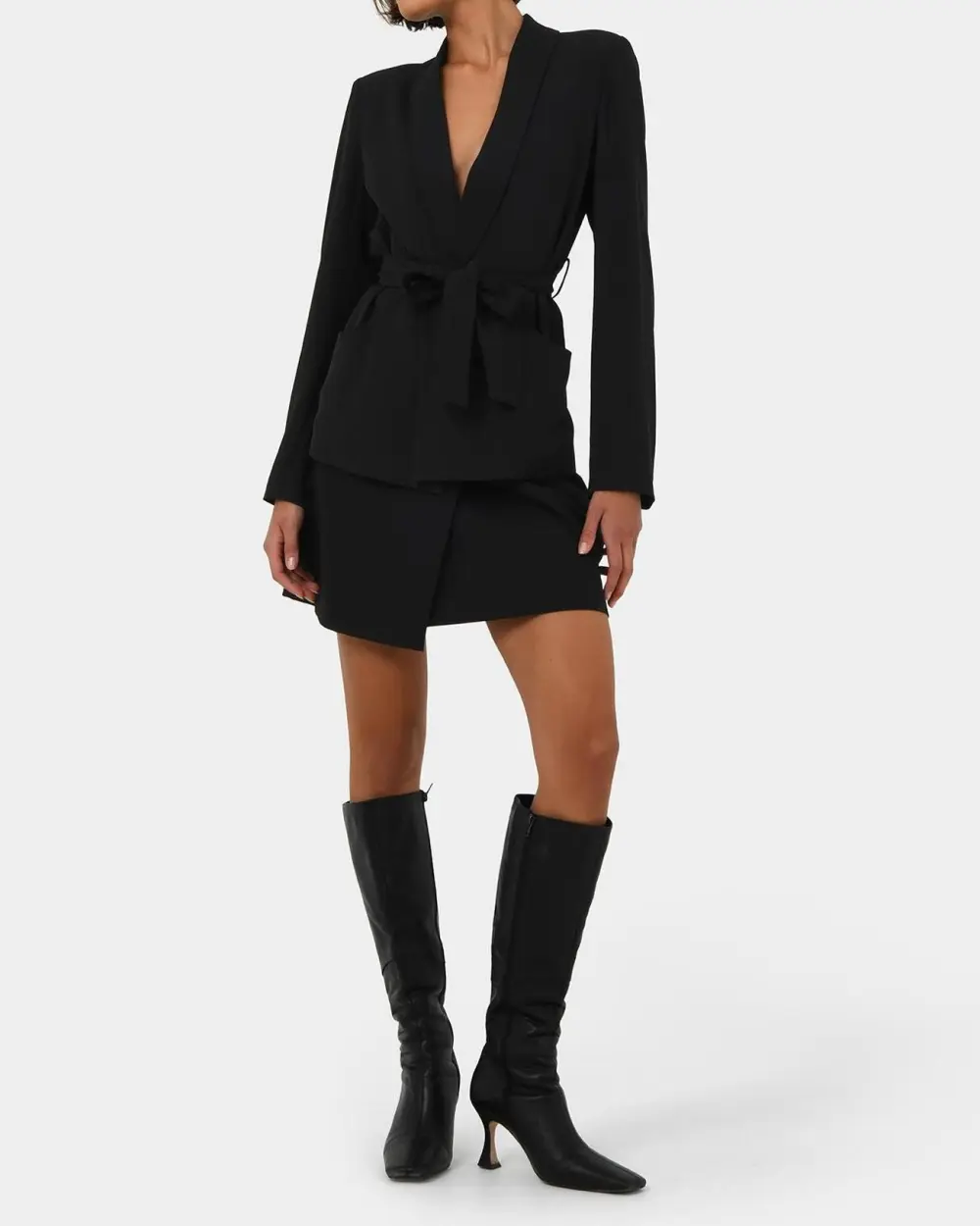 Shawl Lapel Collar Belted Blazer -Black