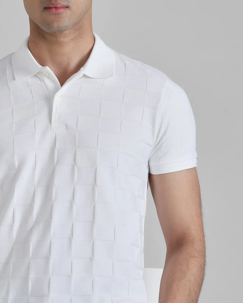 Casual Minimalist White Plaid Texture Polo Shirt