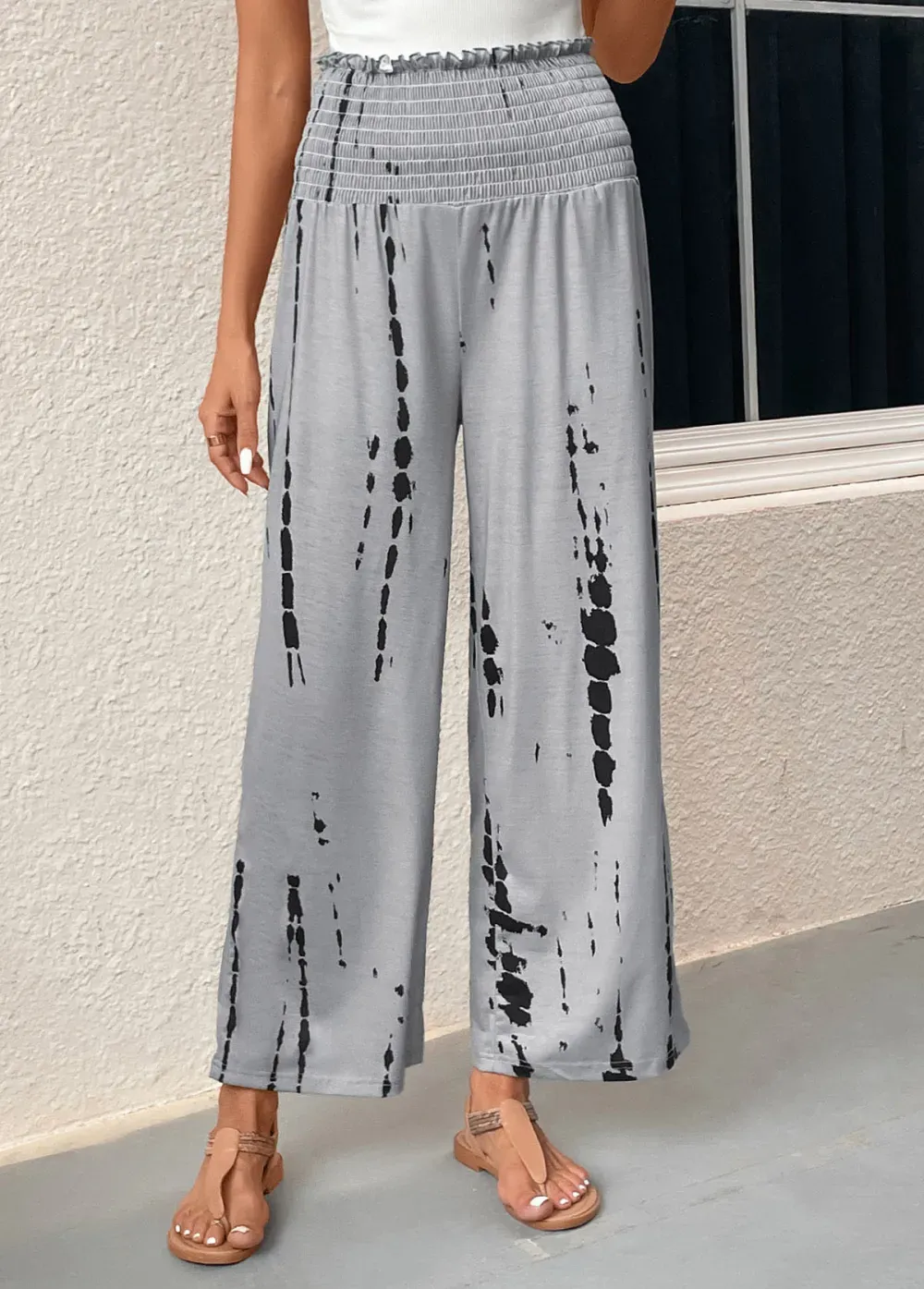 Grey Smocked Graffiti Print Elastic Waist Pants