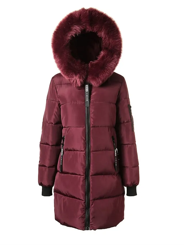 Women's Parka Long Puffer Jacket Thicken Winter Coat with Fur Collar Hood Fall Windproof Warm Overcoat with Pockets Stylish Contemporary Casual Jacket Long Sleeve Full Zip Black White Light Green