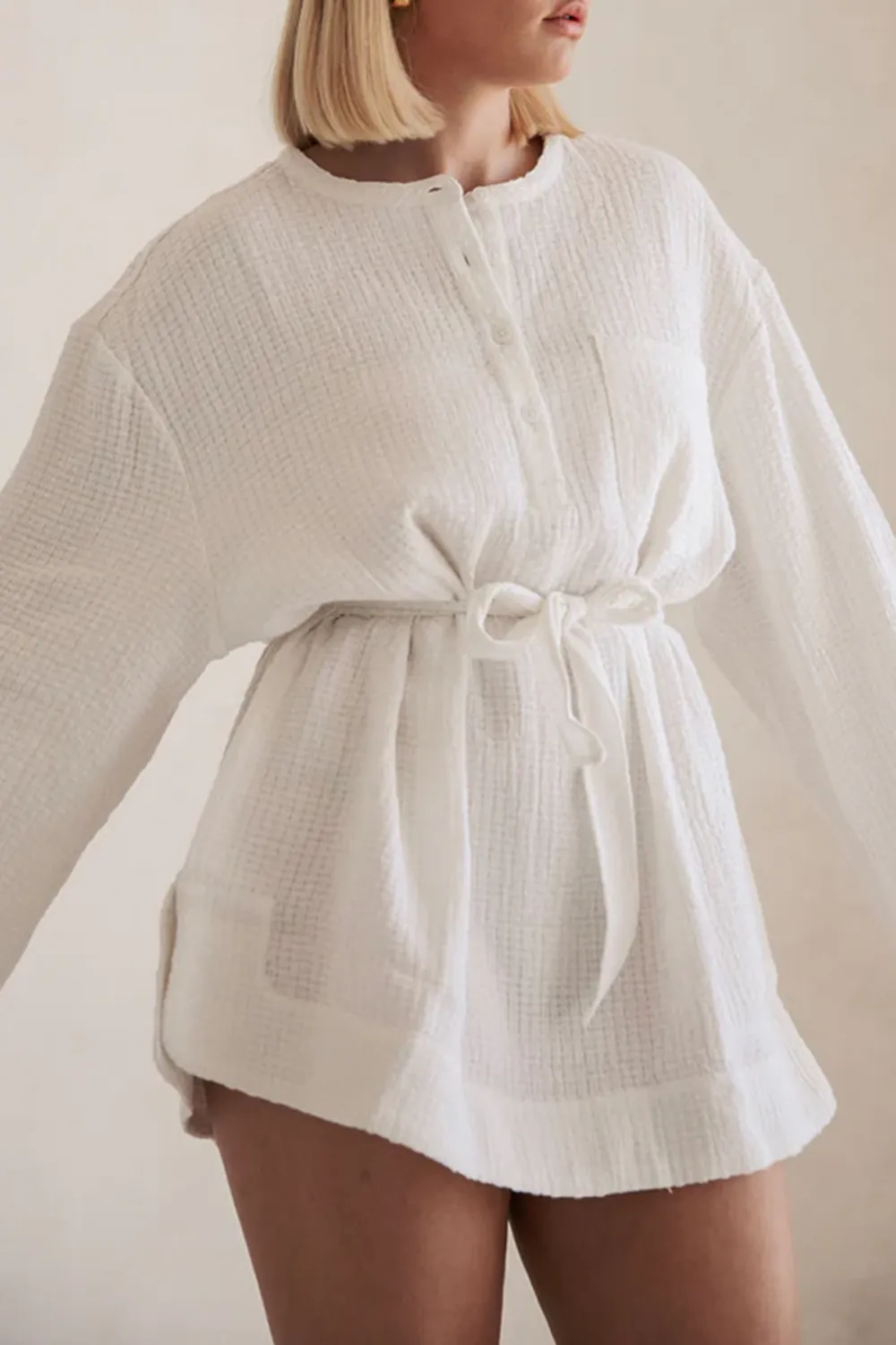 Long Sleeve Button Up Belted Mini Dress