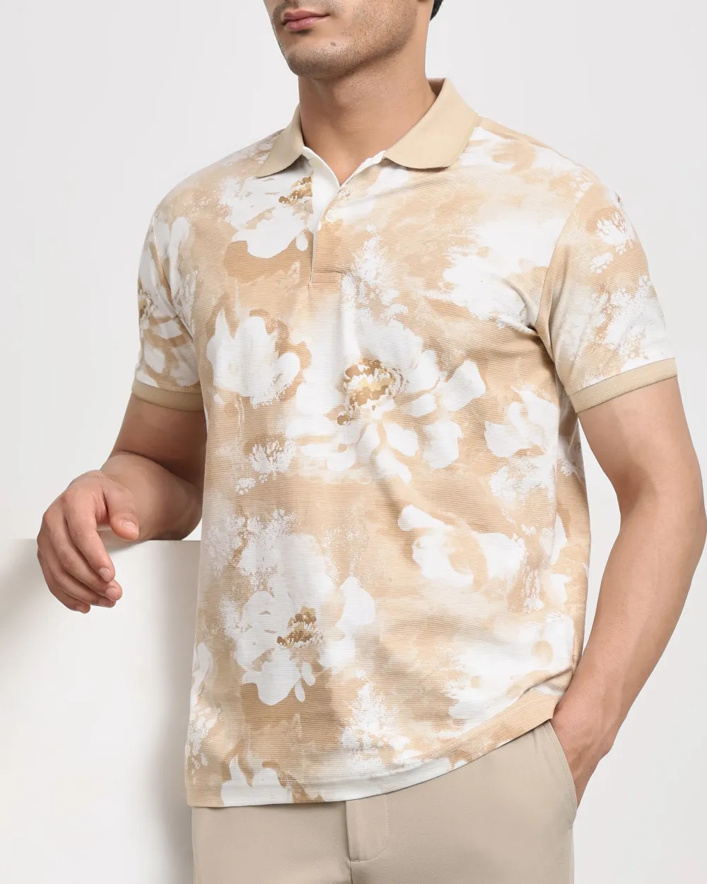 Casual Minimalist British Style Beige Floral Polo Shirt