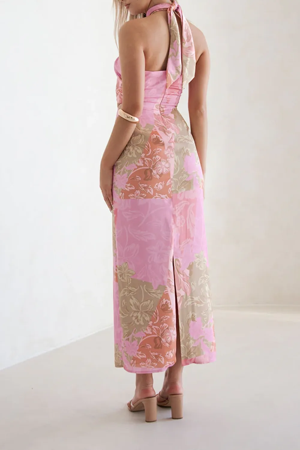 Halter Neck Floral Print Cut Out Midi Dress