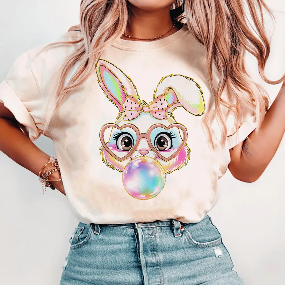 Easter Bunny Printed Round Neck Short Sleeve T-Shirt