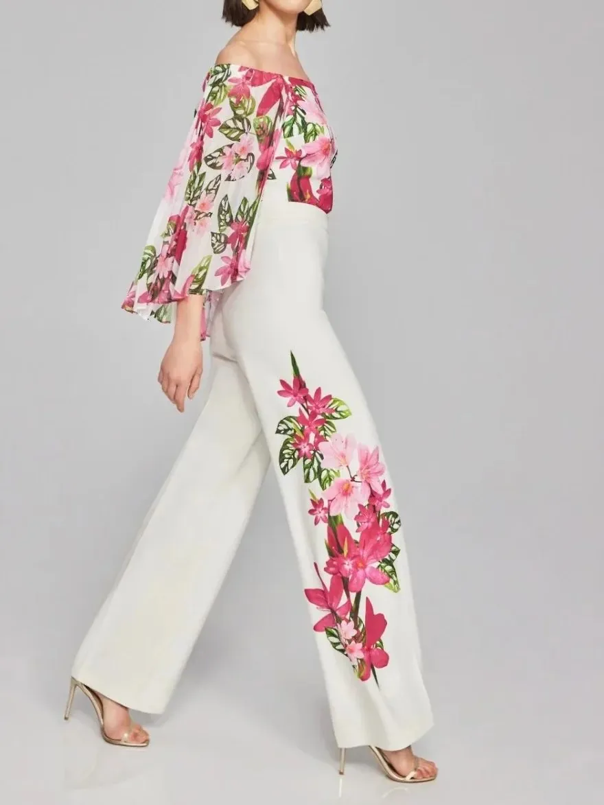White Wide - Leg Pants with Floral Embroidered
