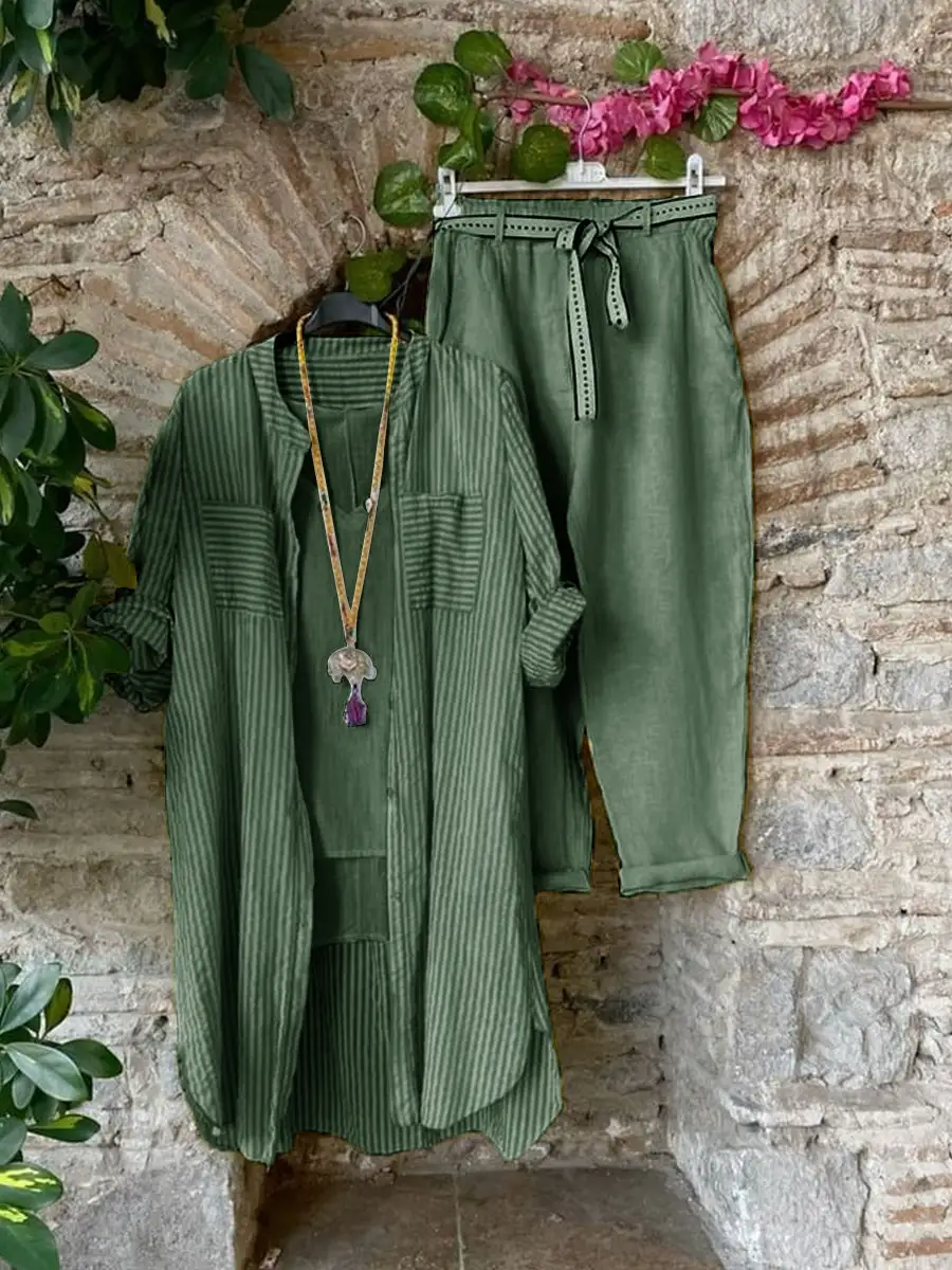 Casual Top And Pants With Stripe Cardigan Three-piece Set