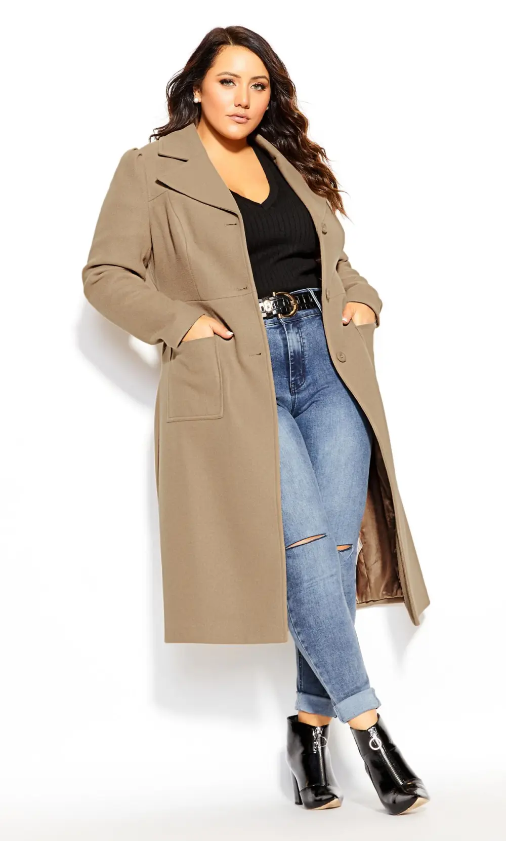 Evans Beige Brown Wool Blend Trench Coat