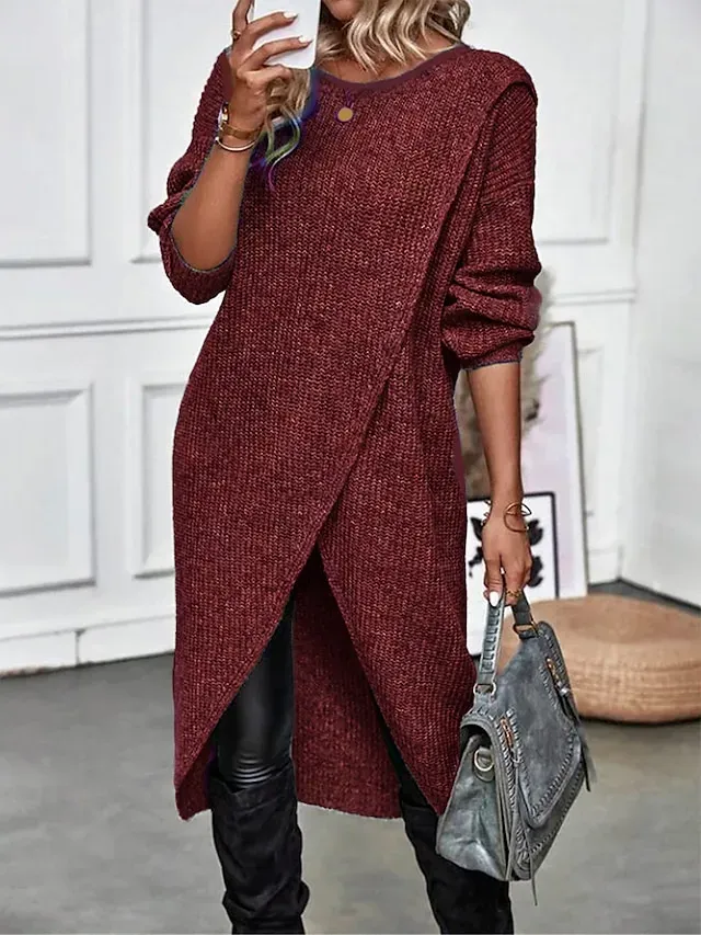 Women's Sweater Dress Knit Dress Jumper Dress Midi Dress Knitwear Warm Fashion Plain Outdoor Daily Going out Crew Neck Long Sleeve 2023 Regular Fit Black Wine Green S M L XL XXL 3XL