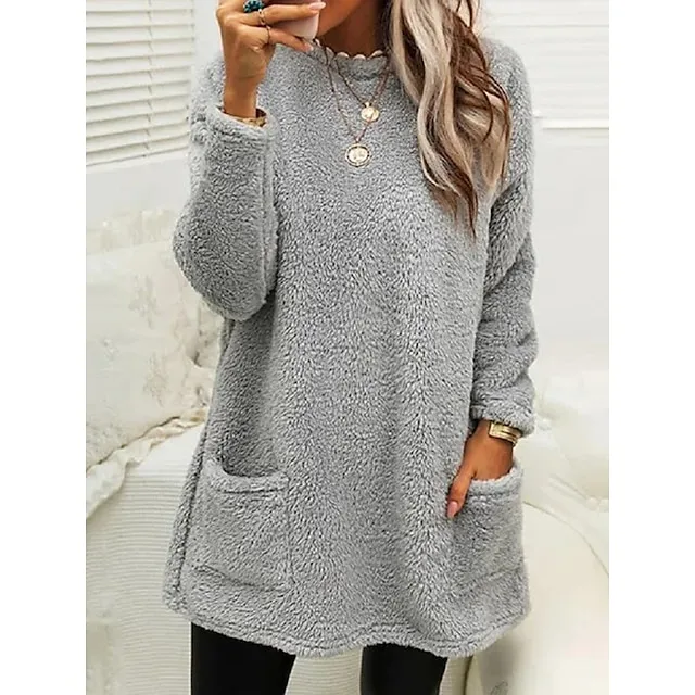 Women's Sweatshirt Pullover Sherpa Fleece Teddy Pocket Marron Black Blue Solid Color Street Casual Round Neck Long Sleeve Fleece S M L XL 2XL 3XL