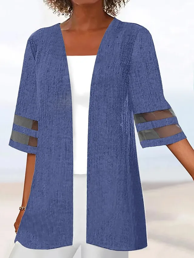 Women's Casual Jacket Clean Fit Causal Patchwork Solid Color Simple Loose Fit Outerwear 3/4 Length Sleeve Summer Black