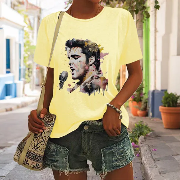 Women's The King Sing Print Short Sleeve Round Neck Cotton T-Shirt