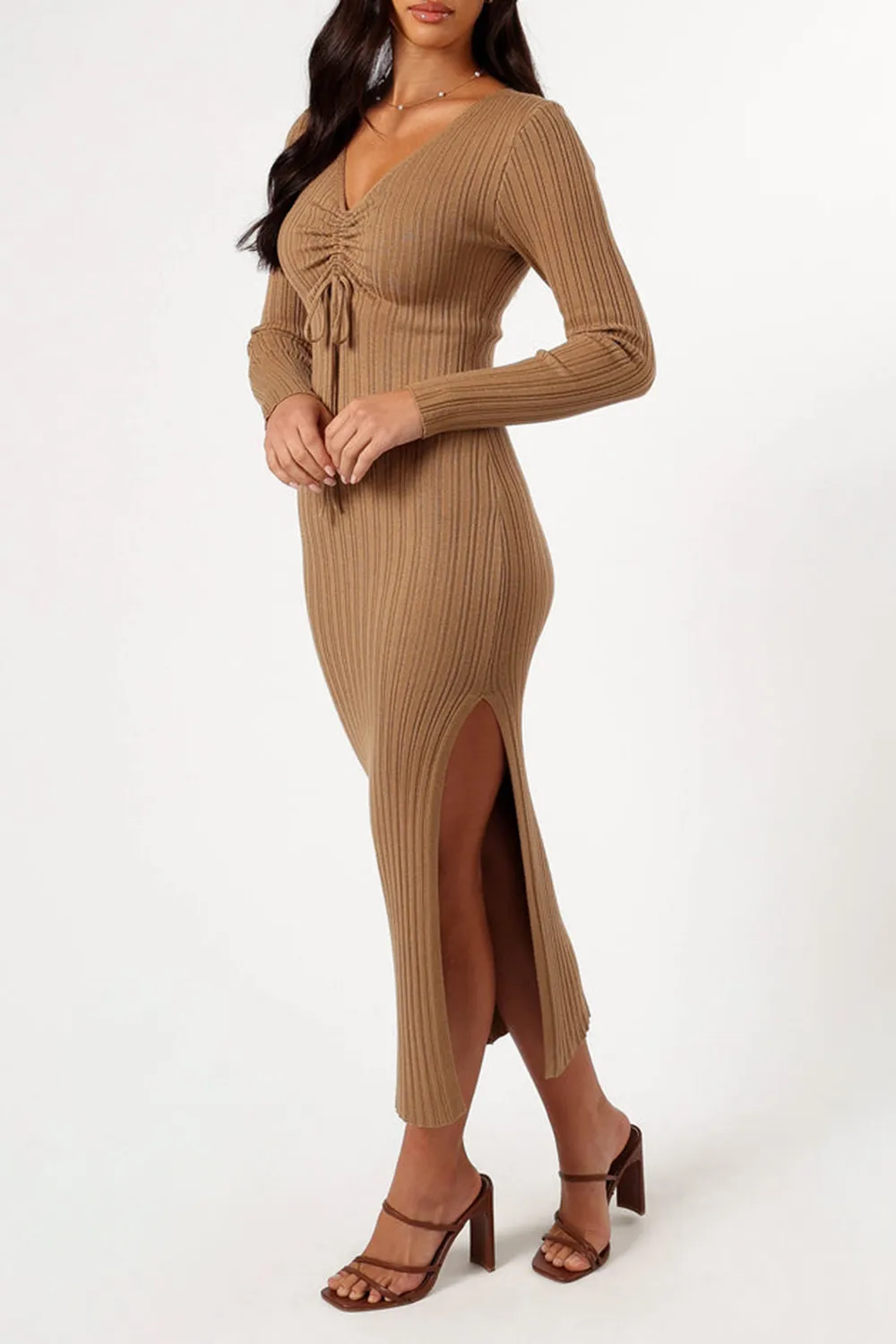 BLACK AND BROWN LONG SLEEVE MIDI DRESS