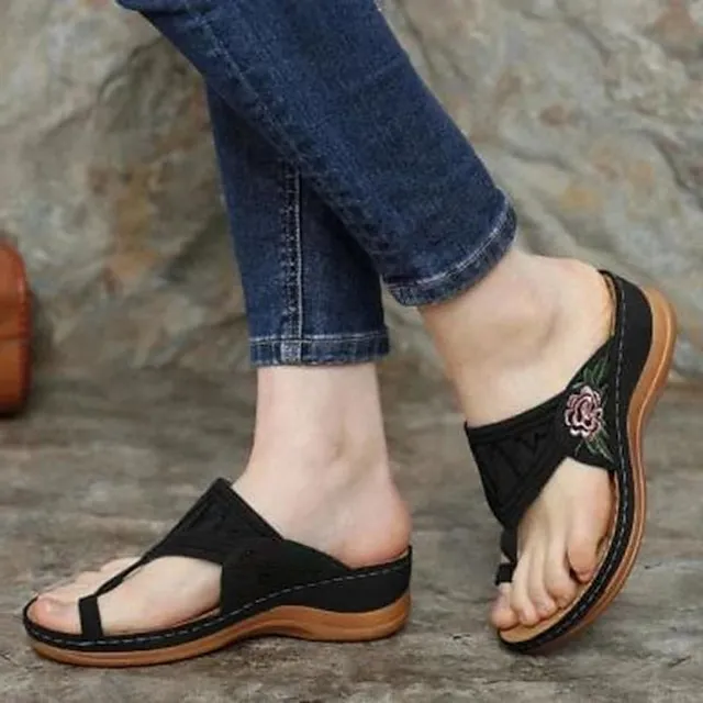 Women's Sandals Comfort Shoes Orthopedic Sandals Bunion Sandals Outdoor Slippers Outdoor Daily Summer Embroidery Flat Heel Wedge Heel Open Toe Vintage Elegant Casual Faux Leather Loafer Floral Dark