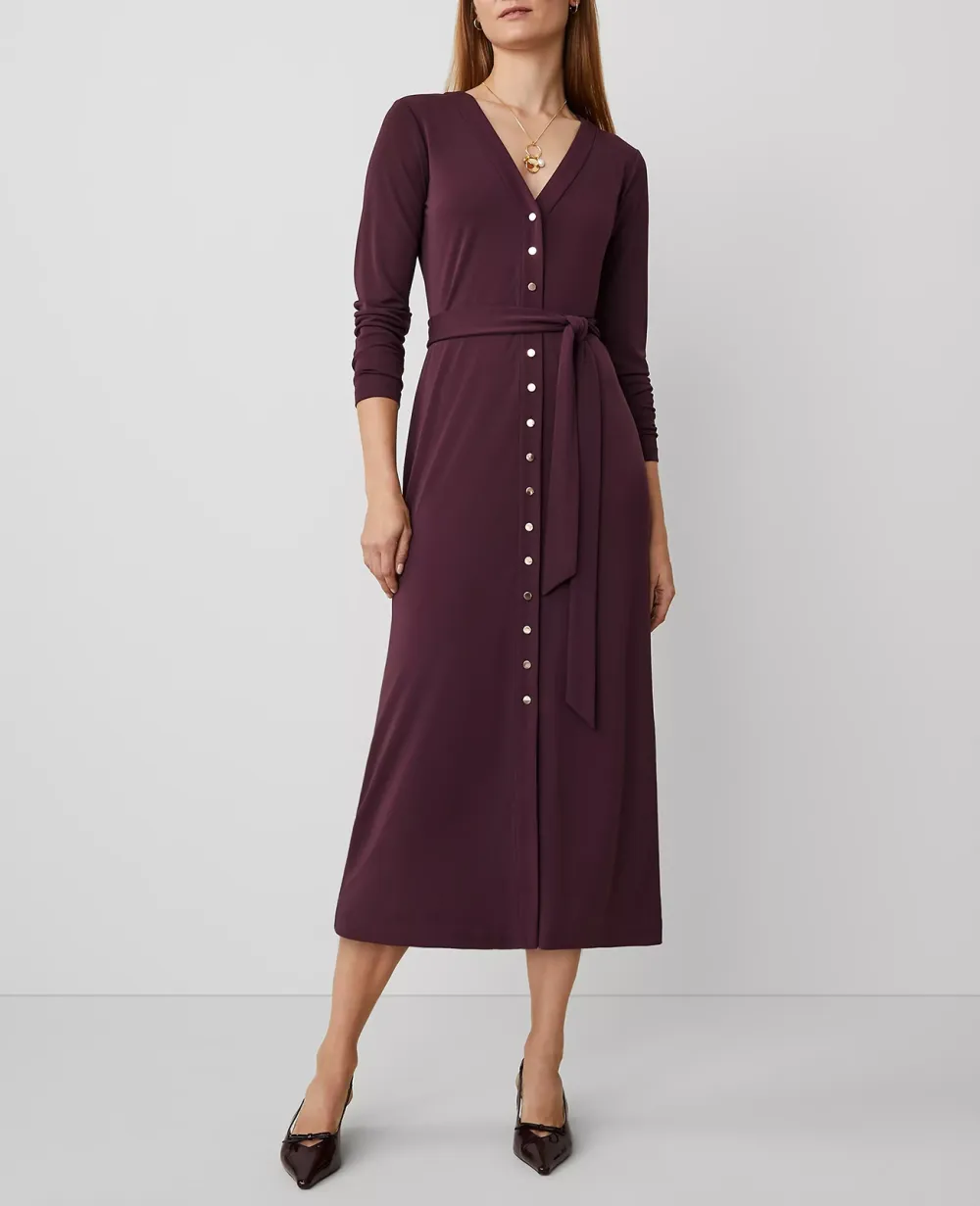 Button V-Neck Flare Knit Midi Dress