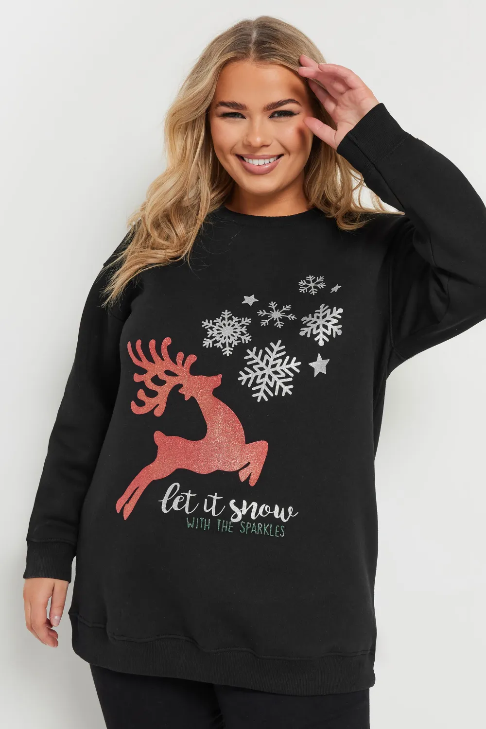YOURS Curve Black 'Let It Snow' Reindeer Print Sweatshirt