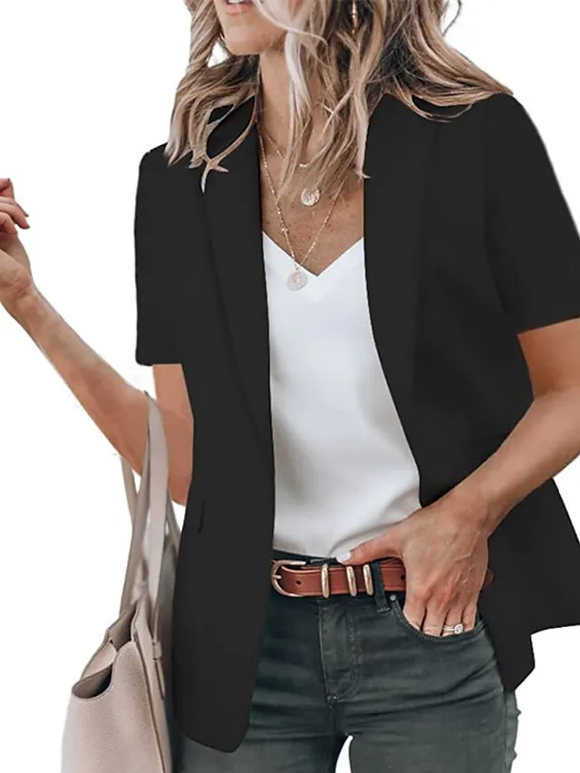 Women's Blazer Clean Fit Formal Office Work Summer Spring Regular Coat Regular Fit Breathable Simple Classic Style Modern Style Jacket Short Sleeves Solid Color Pure Color Slim Fit Black White Red