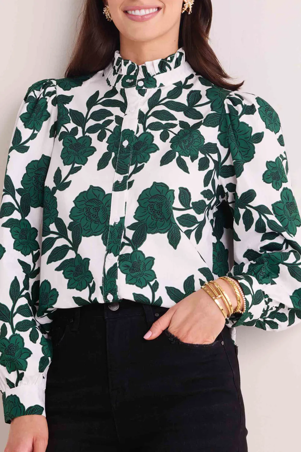 Green Floral Print Stand Collar Button-Front Shirt